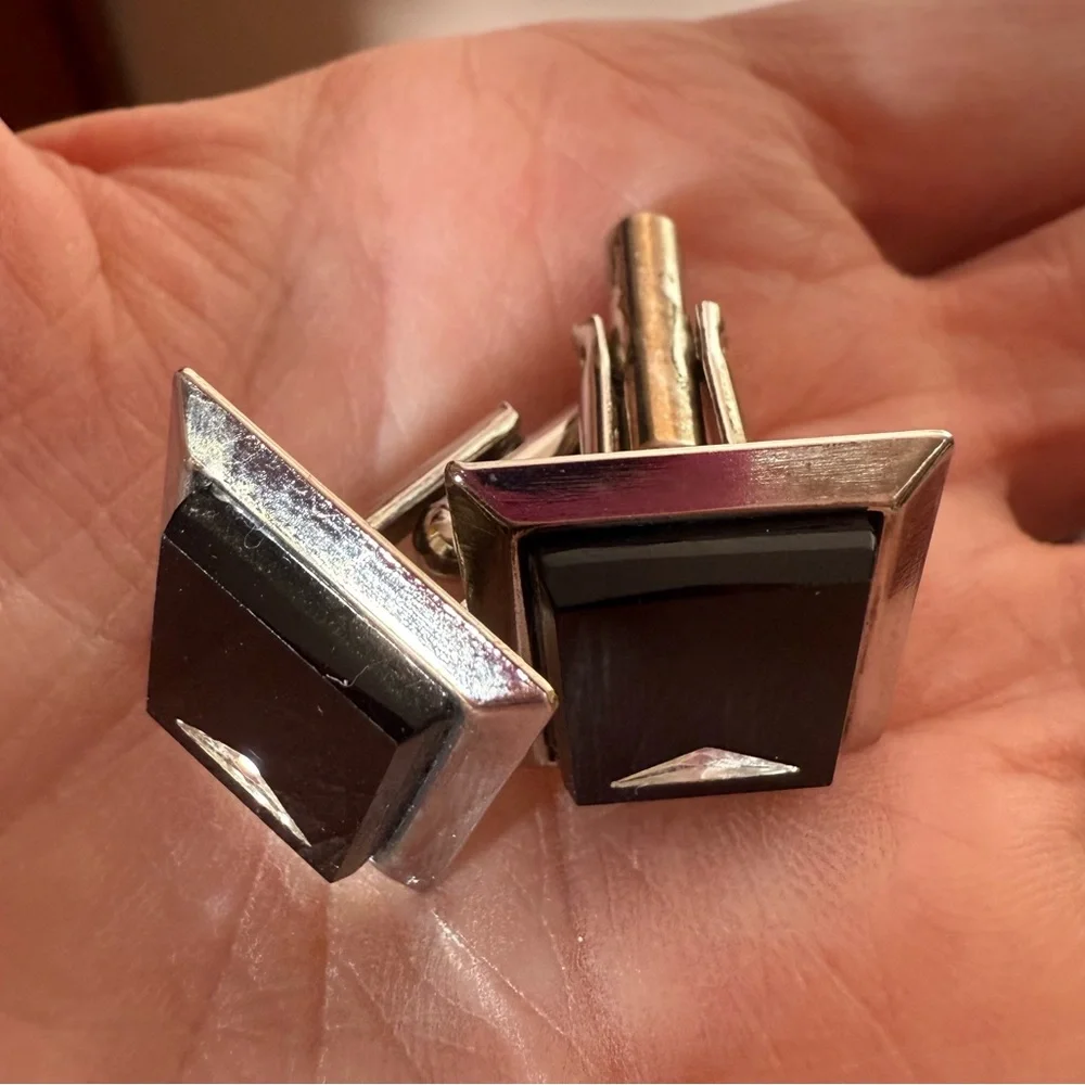 Vintage Mid century modern oversized silver black art deco Cufflinks